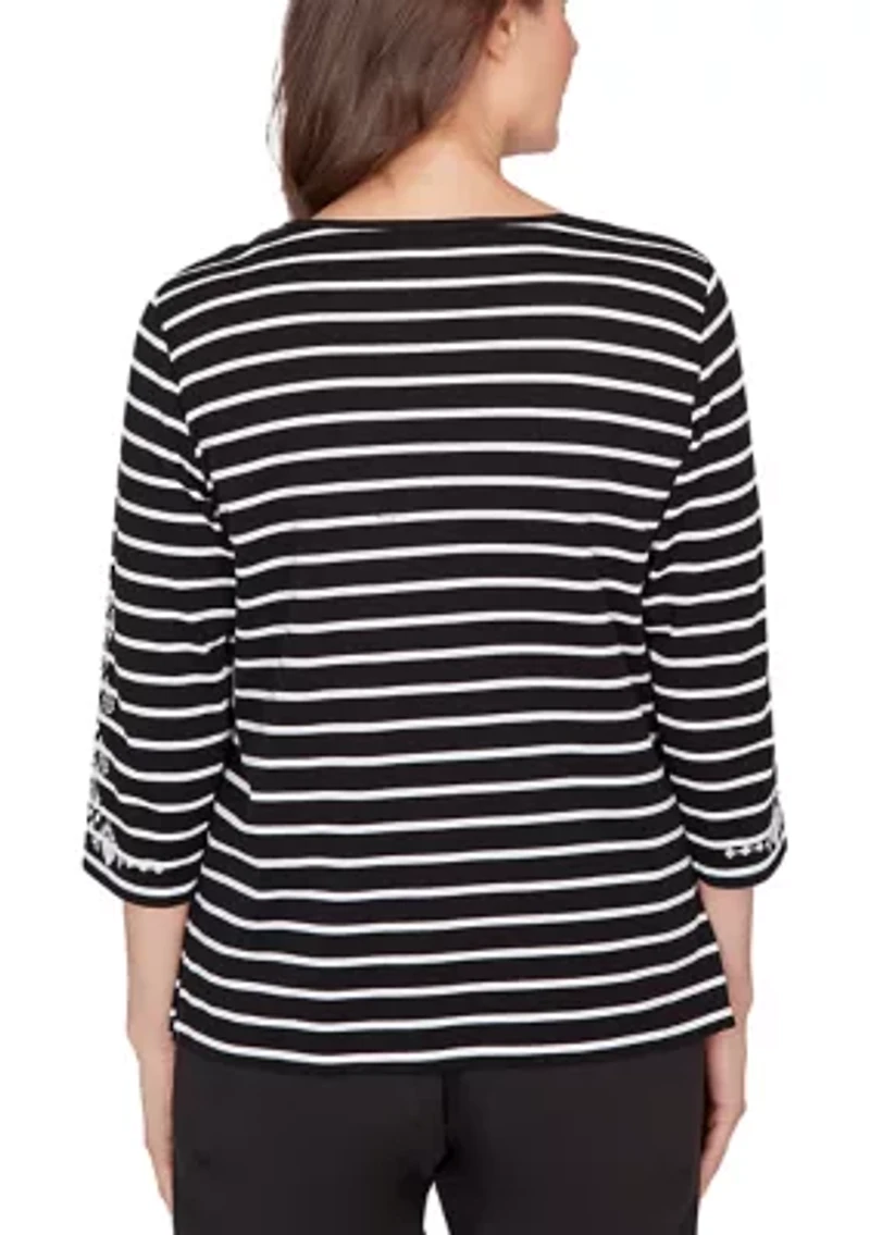 Women's Classics Stripe with Embroidered Sleeves Top