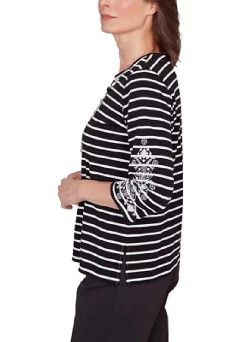 Women's Classics Stripe with Embroidered Sleeves Top