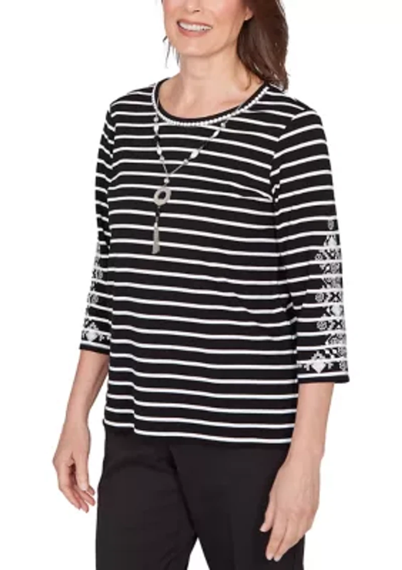 Women's Classics Stripe with Embroidered Sleeves Top