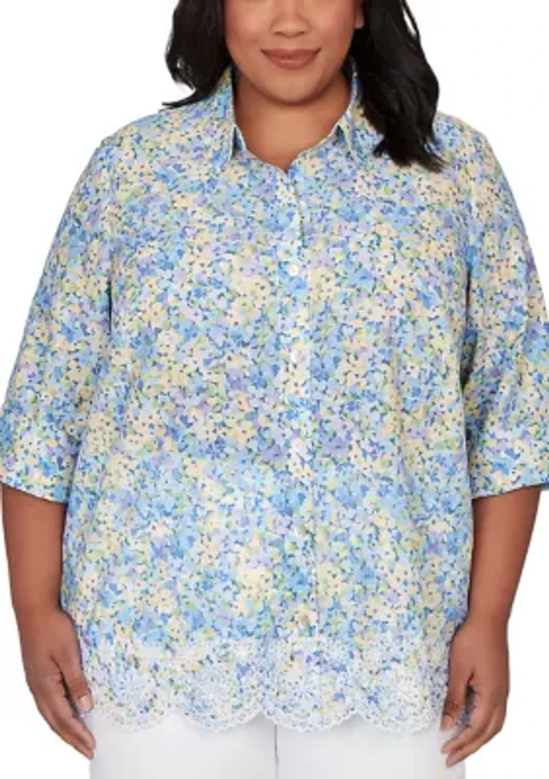 Plus Embroidered Border Floral Button Down Shirt