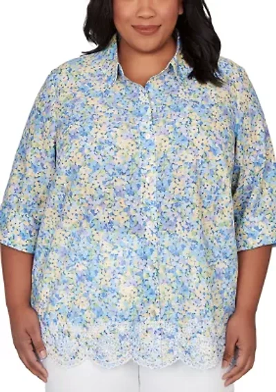 Plus Embroidered Border Floral Button Down Shirt