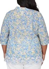 Plus Embroidered Border Floral Button Down Shirt