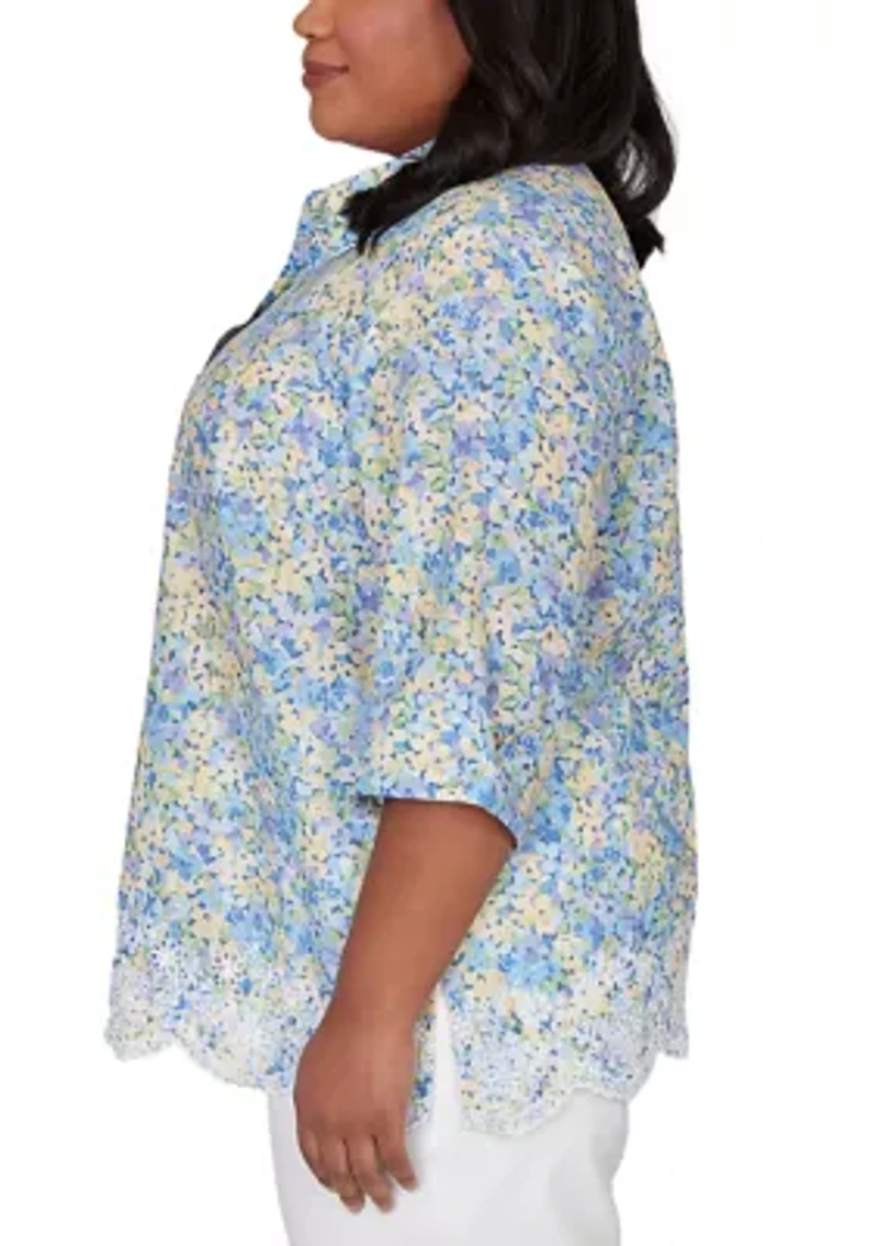 Plus Embroidered Border Floral Button Down Shirt