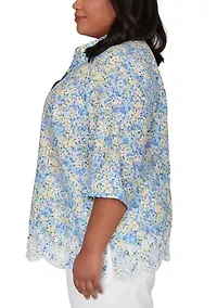 Plus Embroidered Border Floral Button Down Shirt