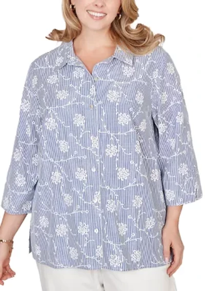 Plus Pinstripe Button Down Shirt with Puff Embroidery
