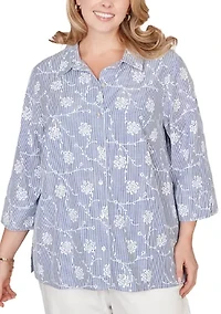 Plus Pinstripe Button Down Shirt with Puff Embroidery