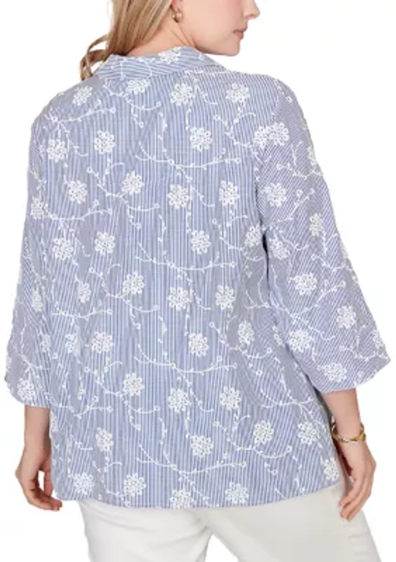 Plus Pinstripe Button Down Shirt with Puff Embroidery