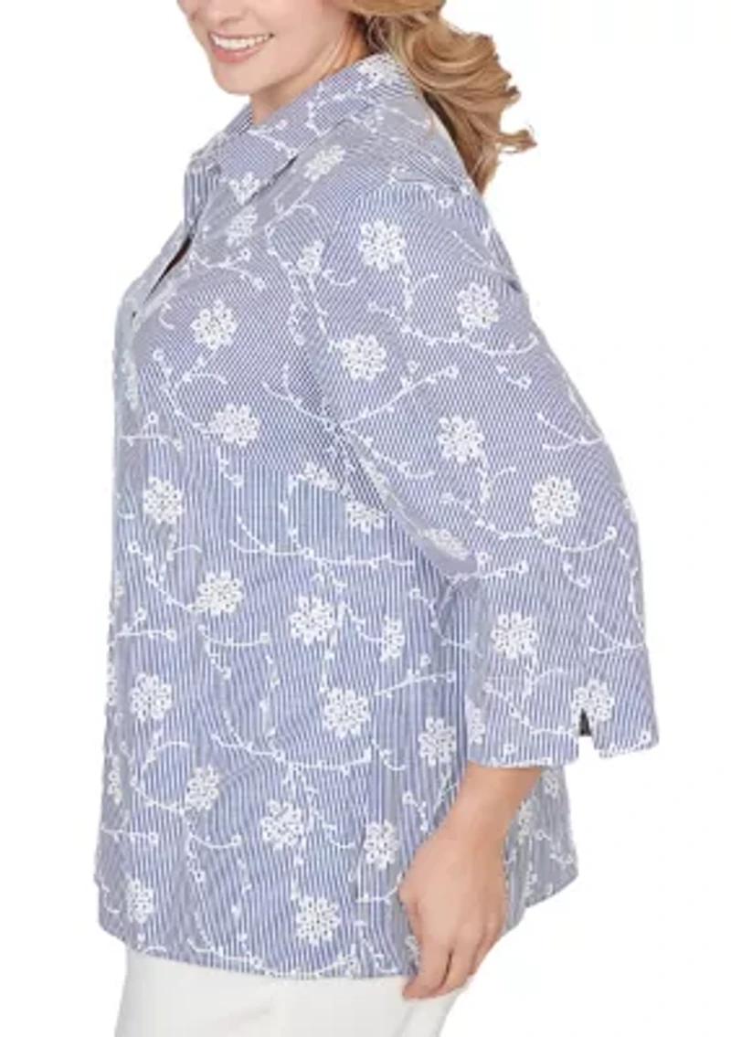Plus Pinstripe Button Down Shirt with Puff Embroidery