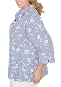Plus Pinstripe Button Down Shirt with Puff Embroidery