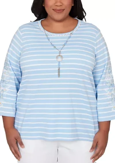 Plus Striped Top with Embroidered Sleeves