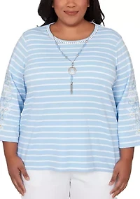 Plus Striped Top with Embroidered Sleeves