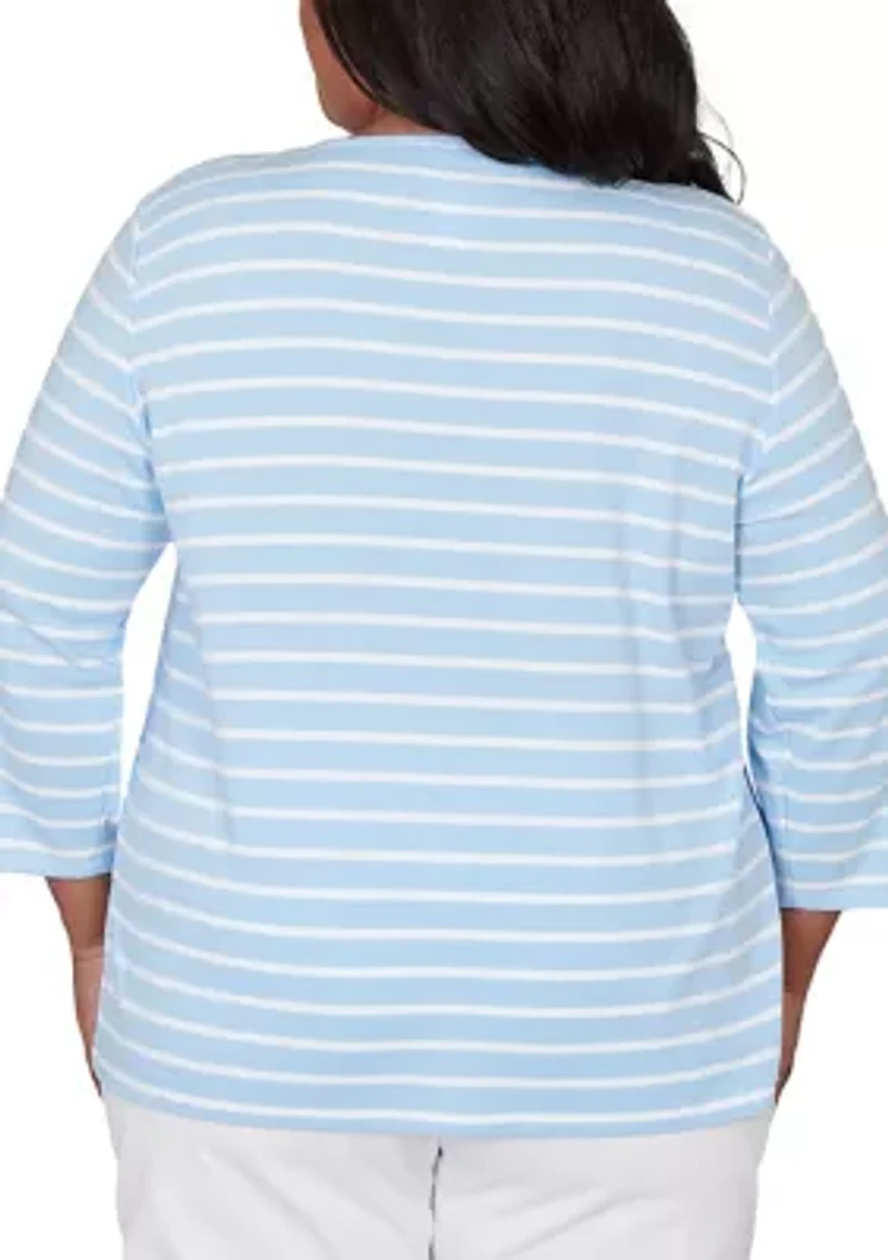 Plus Striped Top with Embroidered Sleeves