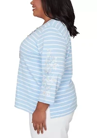 Plus Striped Top with Embroidered Sleeves