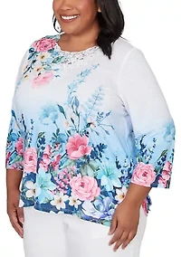 Plus Classics Ombre Border Floral Top