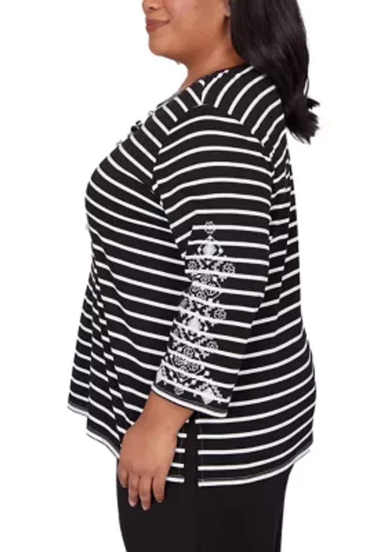 Plus Classics Stripe Top with Embroidered Sleeves