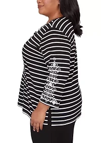 Plus Classics Stripe Top with Embroidered Sleeves