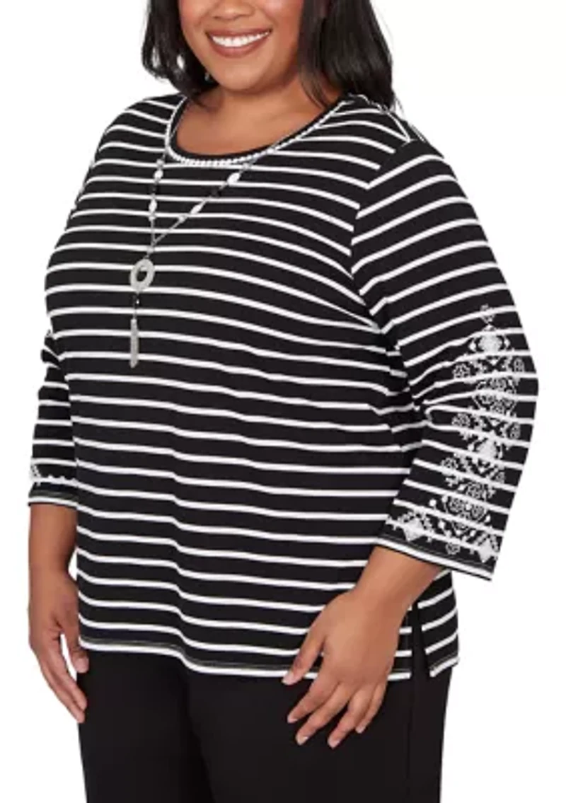 Plus Classics Stripe Top with Embroidered Sleeves