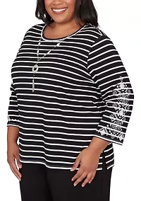 Plus Classics Stripe Top with Embroidered Sleeves
