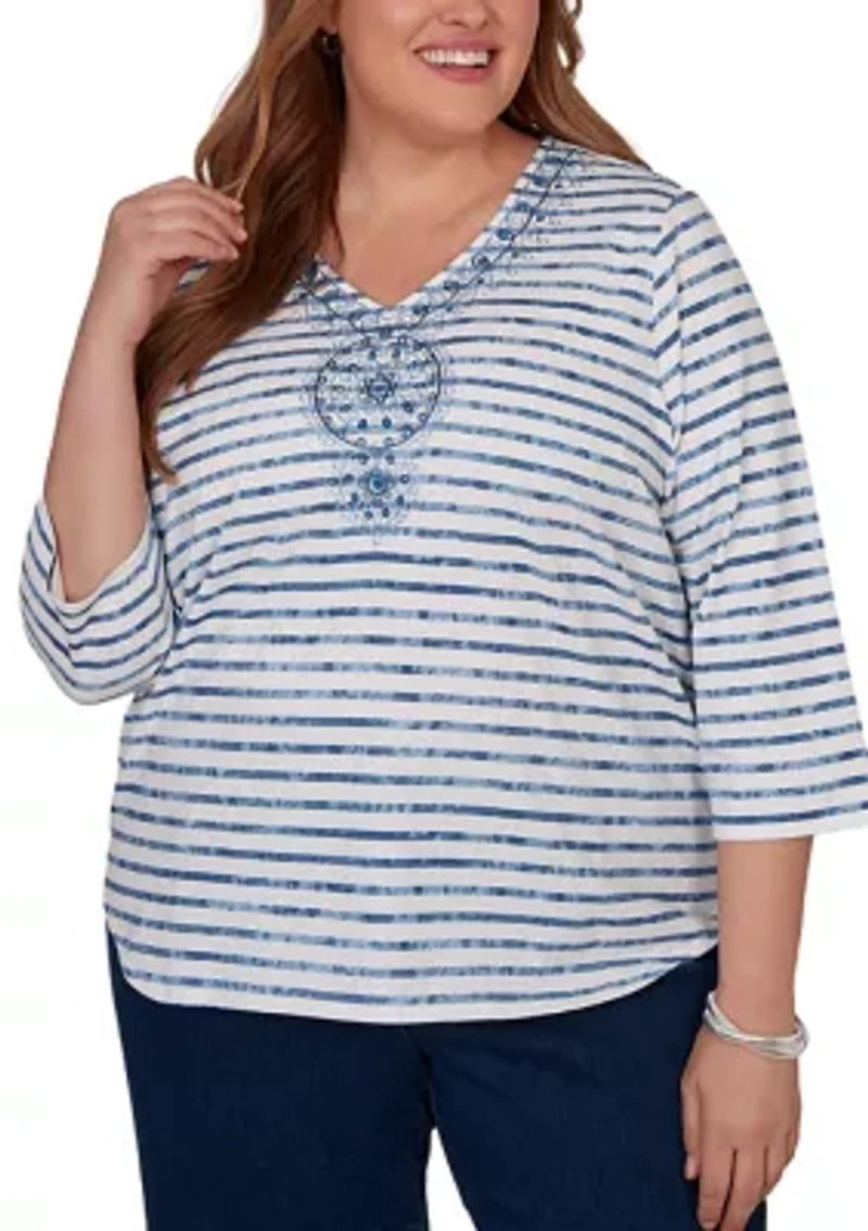 Plus Classics Stripe Embroidery Top
