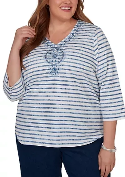 Plus Classics Stripe Embroidery Top
