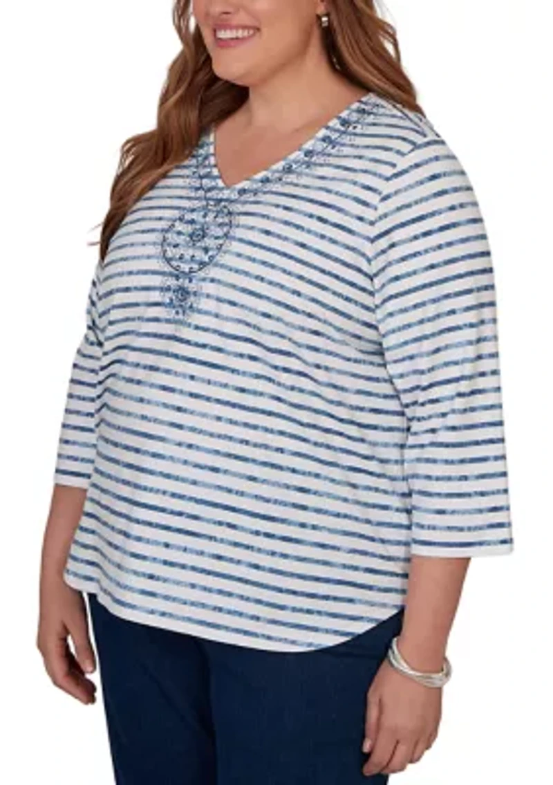 Plus Classics Stripe Embroidery Top