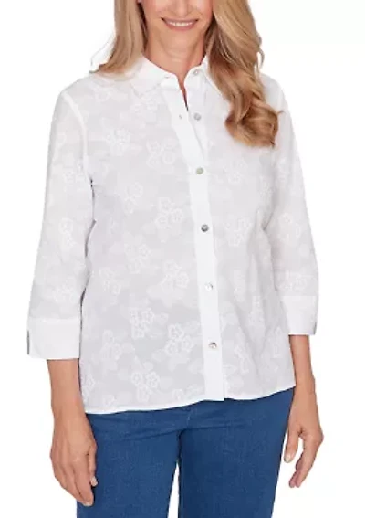 Petite Flower Embroidery Button Down Top