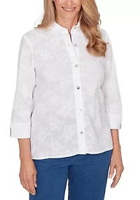 Petite Flower Embroidery Button Down Top