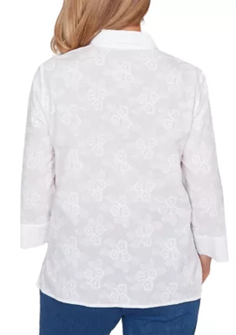 Petite Flower Embroidery Button Down Top