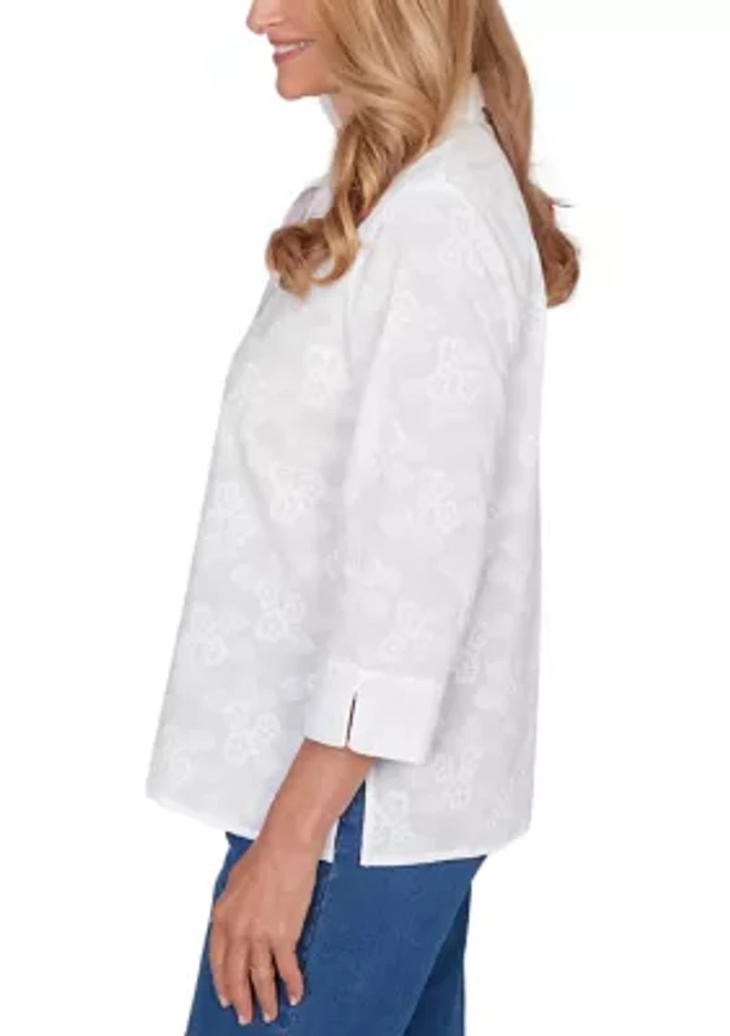 Petite Flower Embroidery Button Down Top
