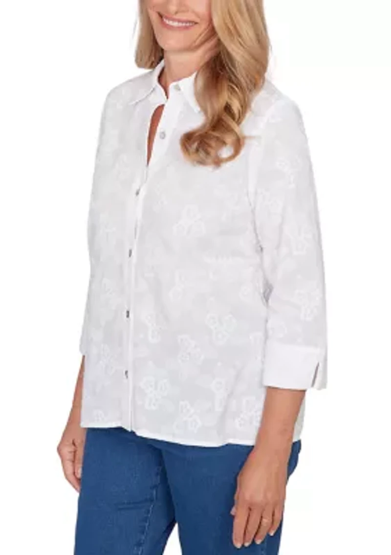 Petite Flower Embroidery Button Down Top