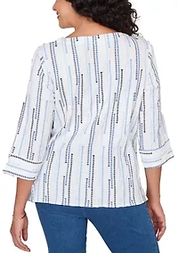 Petite Classics 3/4 Sleeve Spliced Stripe Clip Jacquard Top