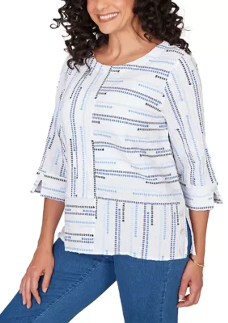 Petite Classics 3/4 Sleeve Spliced Stripe Clip Jacquard Top