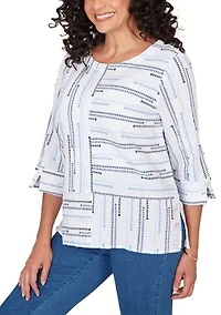 Petite Classics 3/4 Sleeve Spliced Stripe Clip Jacquard Top