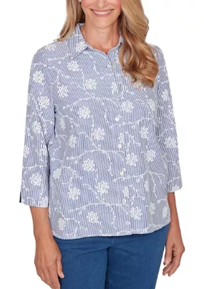 Petite 3/4 Sleeve Button Down Pinstripe Shirt with Puff Embroidery