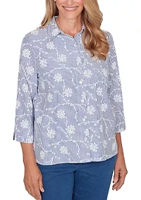 Petite 3/4 Sleeve Button Down Pinstripe Shirt with Puff Embroidery