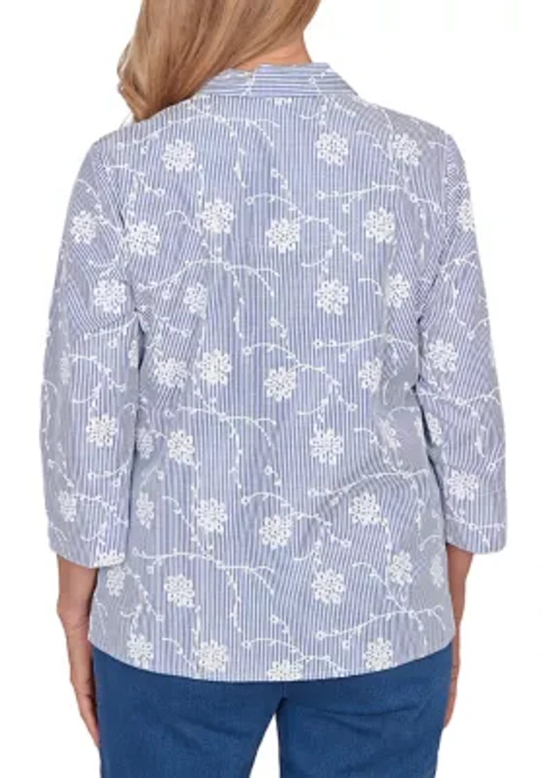 Petite 3/4 Sleeve Button Down Pinstripe Shirt with Puff Embroidery