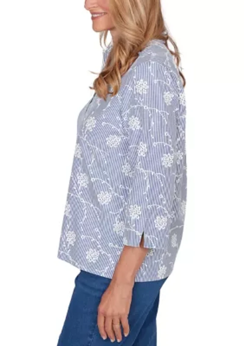 Petite 3/4 Sleeve Button Down Pinstripe Shirt with Puff Embroidery