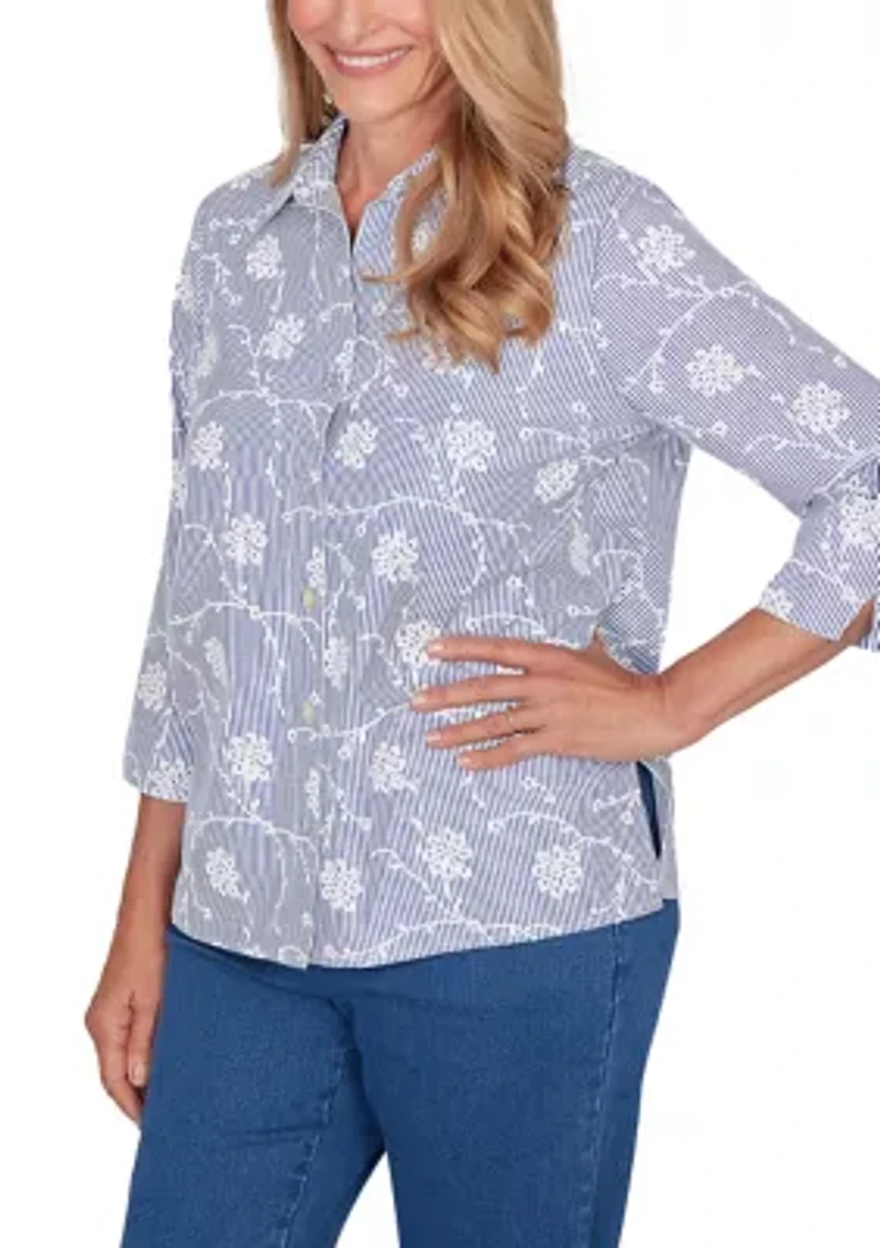 Petite 3/4 Sleeve Button Down Pinstripe Shirt with Puff Embroidery