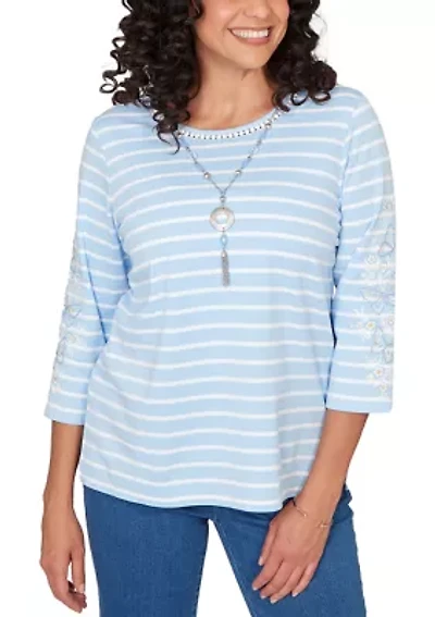 Petite Stripe with Embroidered Sleeves Top