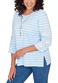 Petite Stripe with Embroidered Sleeves Top