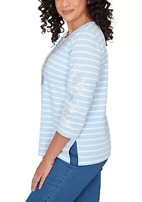Petite Stripe with Embroidered Sleeves Top