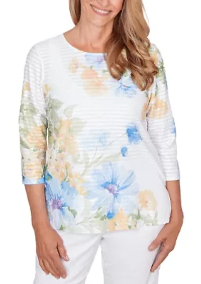 Petite 3/4 Sleeve Floral Striped Shirt