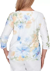 Petite 3/4 Sleeve Floral Striped Shirt
