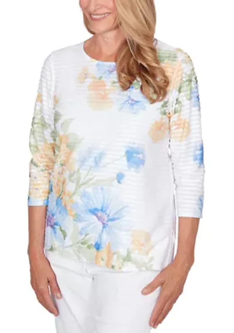Petite 3/4 Sleeve Floral Striped Shirt