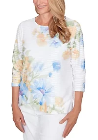Petite 3/4 Sleeve Floral Striped Shirt