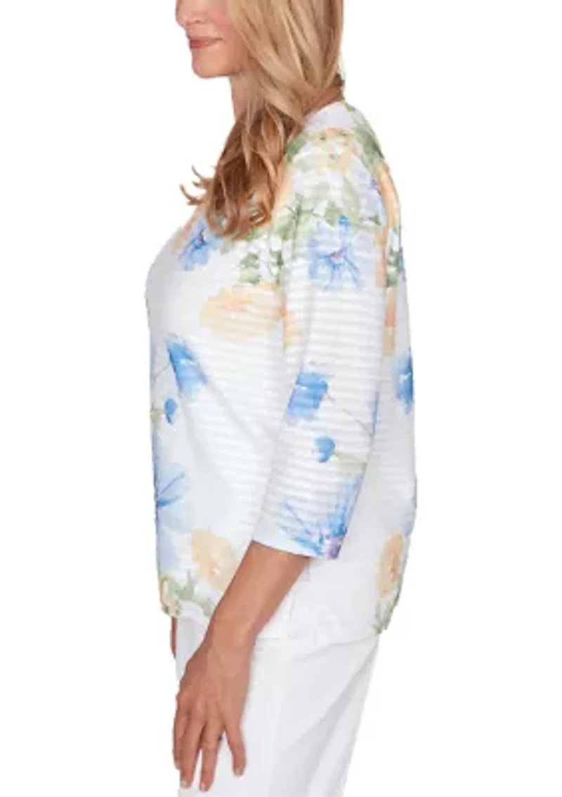 Petite 3/4 Sleeve Floral Striped Shirt