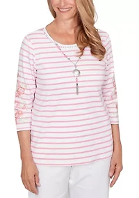 Petite Stripe Embroidered Sleeves Top
