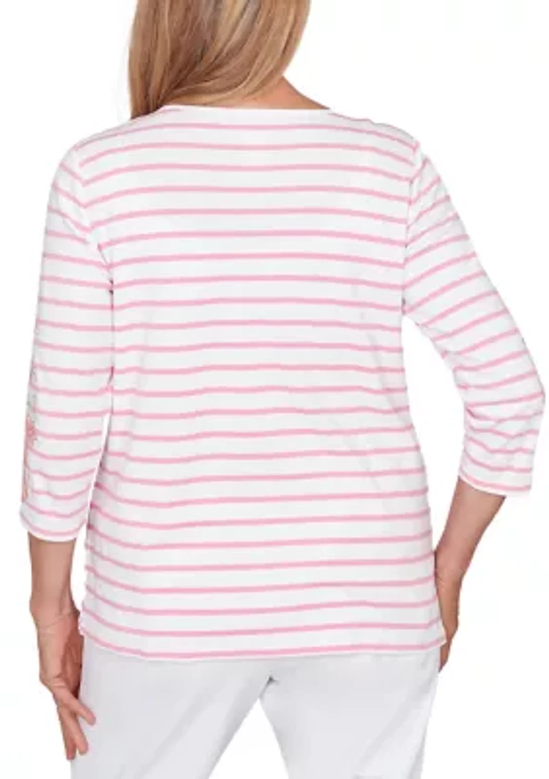 Petite Stripe Embroidered Sleeves Top