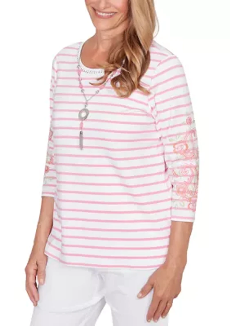 Petite Stripe Embroidered Sleeves Top