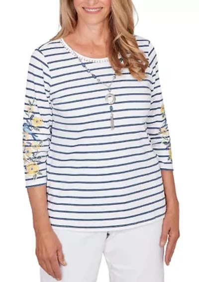 Petite Striped Top with Embroidered 3/4 Sleeves